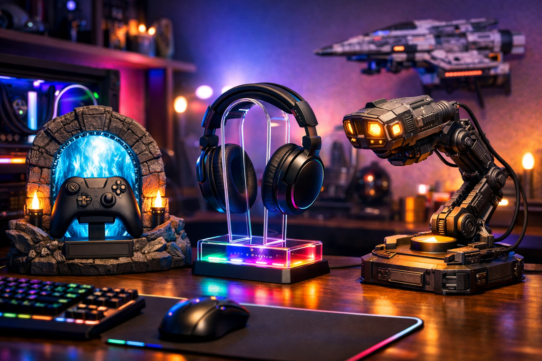 Divers cadeaux personnalisés pour geeks sur une table