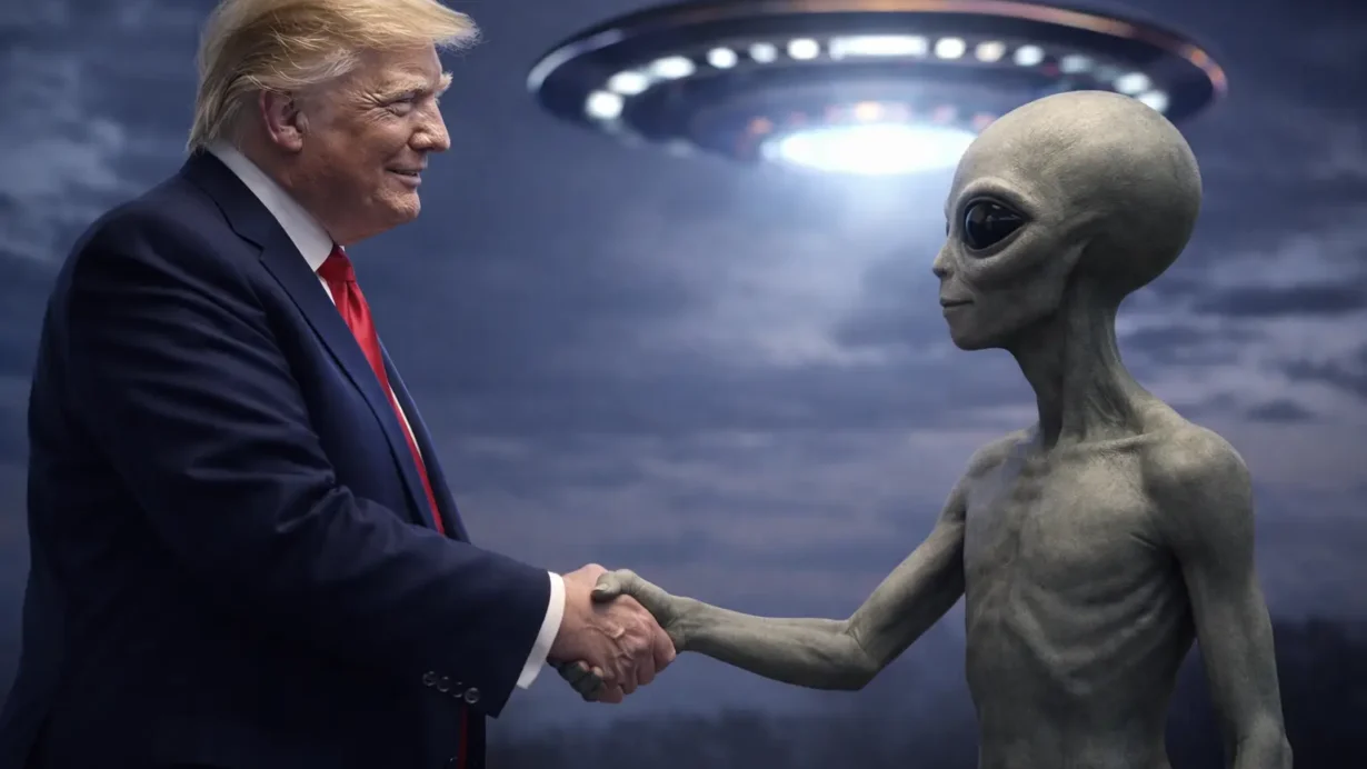 Donald Trump entouré d'extraterrestres dans un décor futuriste