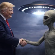 Donald Trump entouré d'extraterrestres dans un décor futuriste