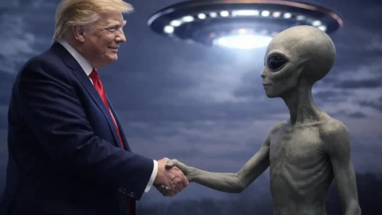 Donald Trump entouré d'extraterrestres dans un décor futuriste