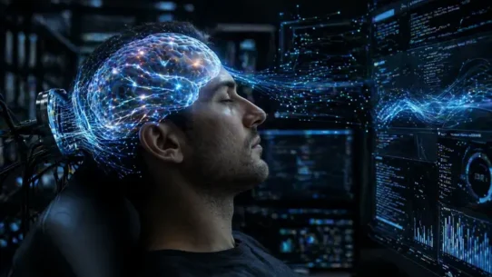 Cerveau humain connecté à une interface technologique illustrant la lecture des pensées