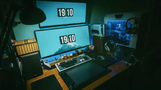 Setup gaming moderne avec écran haute fréquence 240 Hz et éclairage RGB immersif
