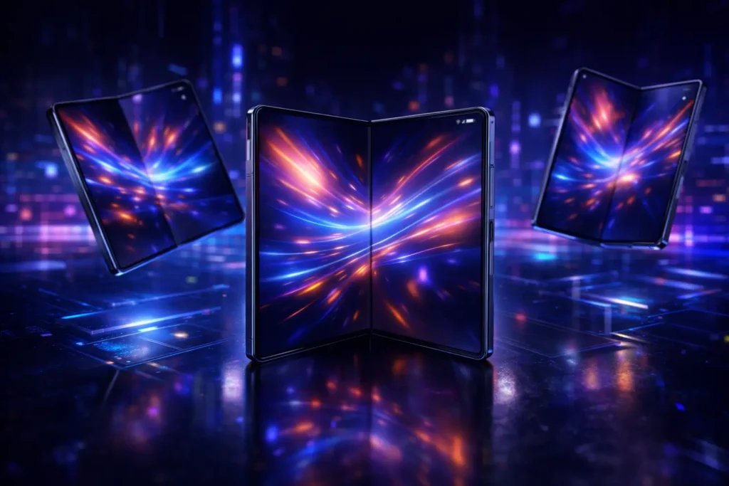 Illustration futuriste de plusieurs smartphones pliables représentant l'avenir de la technologie mobile