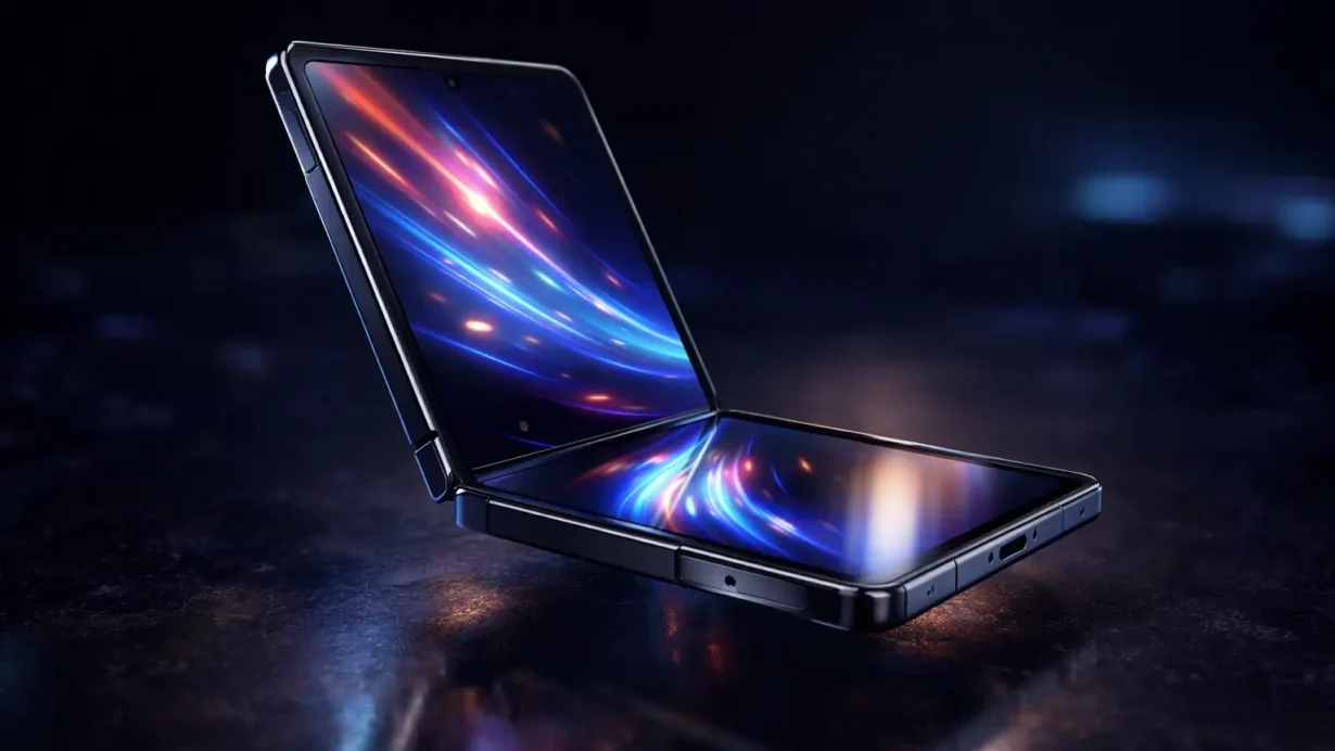 Smartphone pliable futuriste représentant l’innovation mobile moderne en 2026