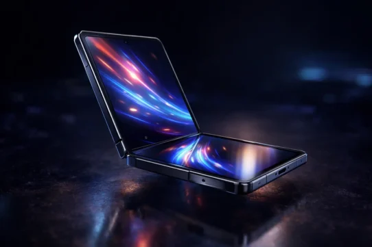 Smartphone pliable futuriste représentant l’innovation mobile moderne en 2026