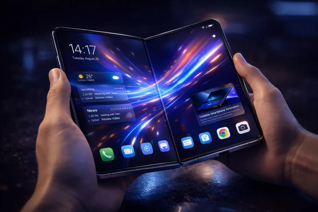 Utilisateur tenant un smartphone pliable avec grand écran ouvert immersif