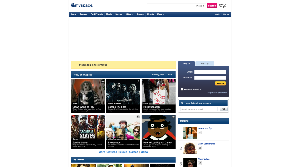 L'interface de Myspace le 1er novembre 2010